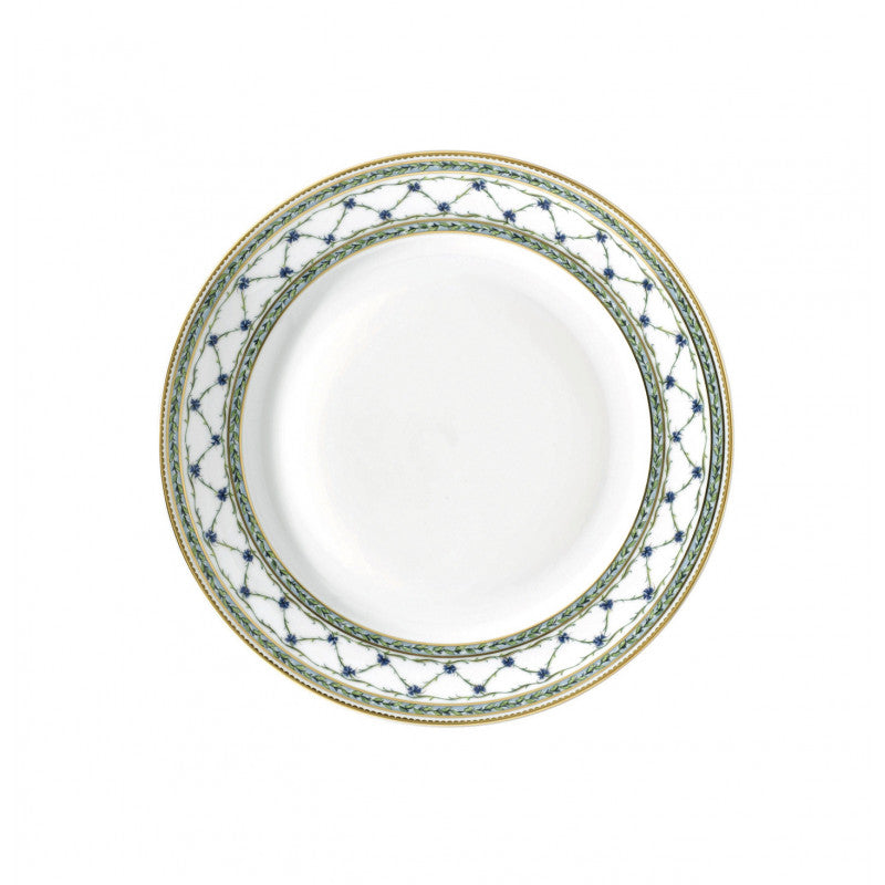 Flat chop plate 29.5 cm green/blue with gold rim | Allée Du Roy