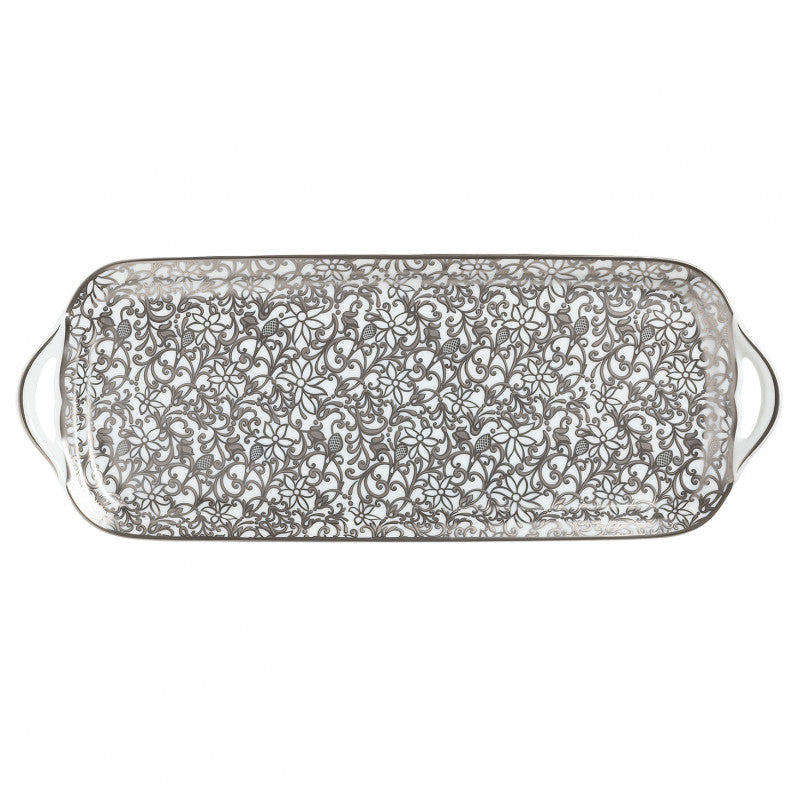 Long cake serving plate 40 cm white with platine rim | Salamanque Platine