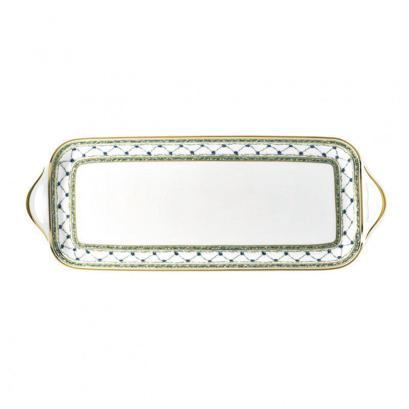 Long cake serving plate 40 cm green/blue with gold rim | Allée Du Roy