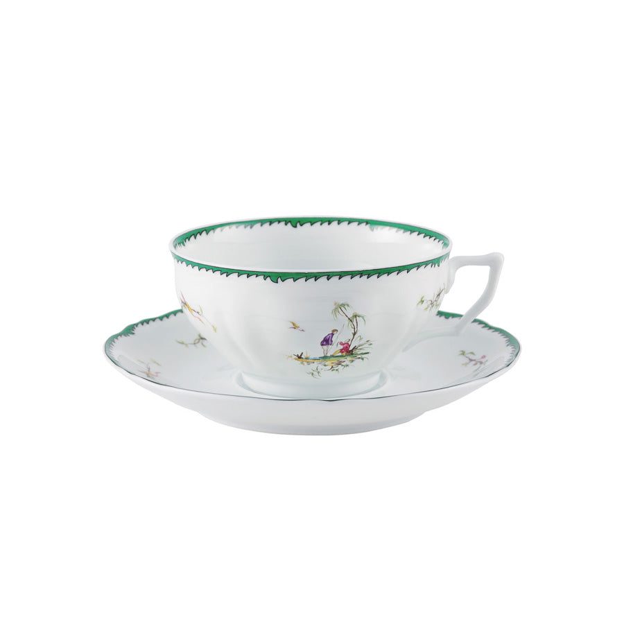 Tea / Breakfast cup and saucer - Green/pink V | Longjiang