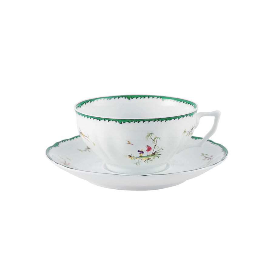 Tea / Breakfast cup and saucer - Green/pink IV | Longjiang