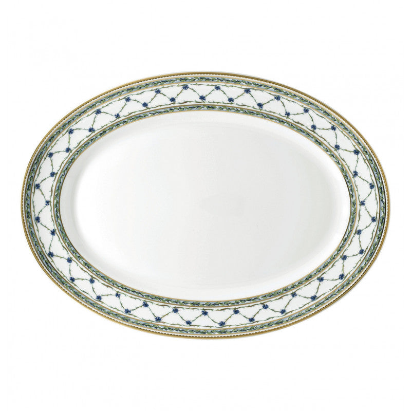 Oval platter 41 cm green/blue with gold rim | Allée Du Roy