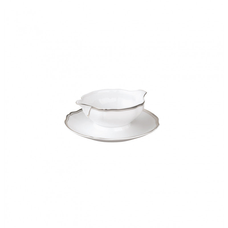Sauce boat and stand 20 cm white with platine rim | Polka Platine