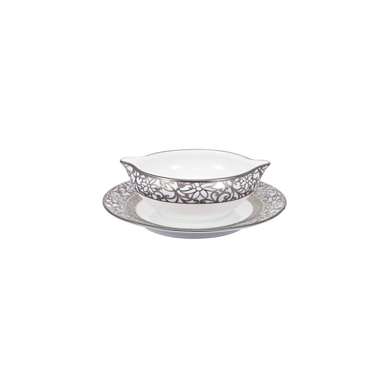 Sauce boat and stand 19 cm white with platine rim | Tolède Platine