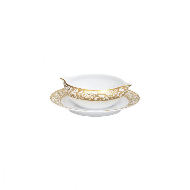 Sauce boat and stand 19 cm white with gold rim | Salamanque Or