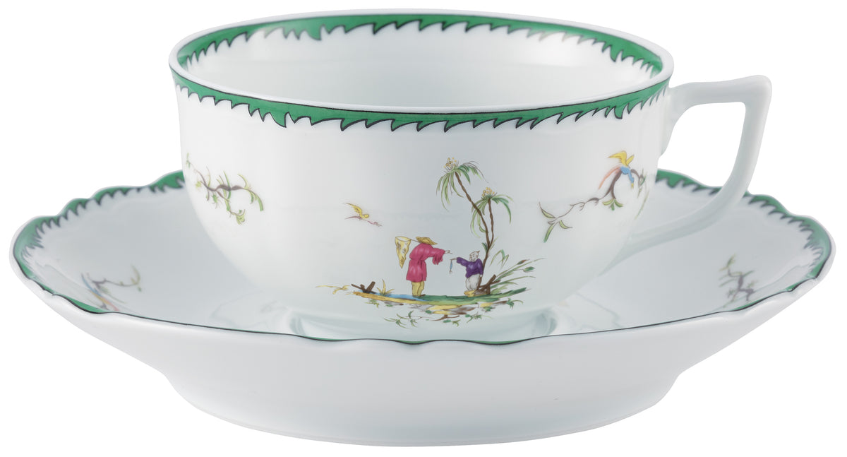 Tea cup extra and saucer - Green/pink I | Longjiang