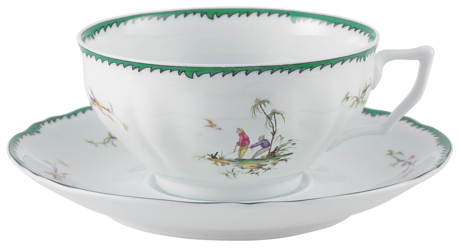 Tea / Breakfast cup and saucer - Green/pink II | Longjiang