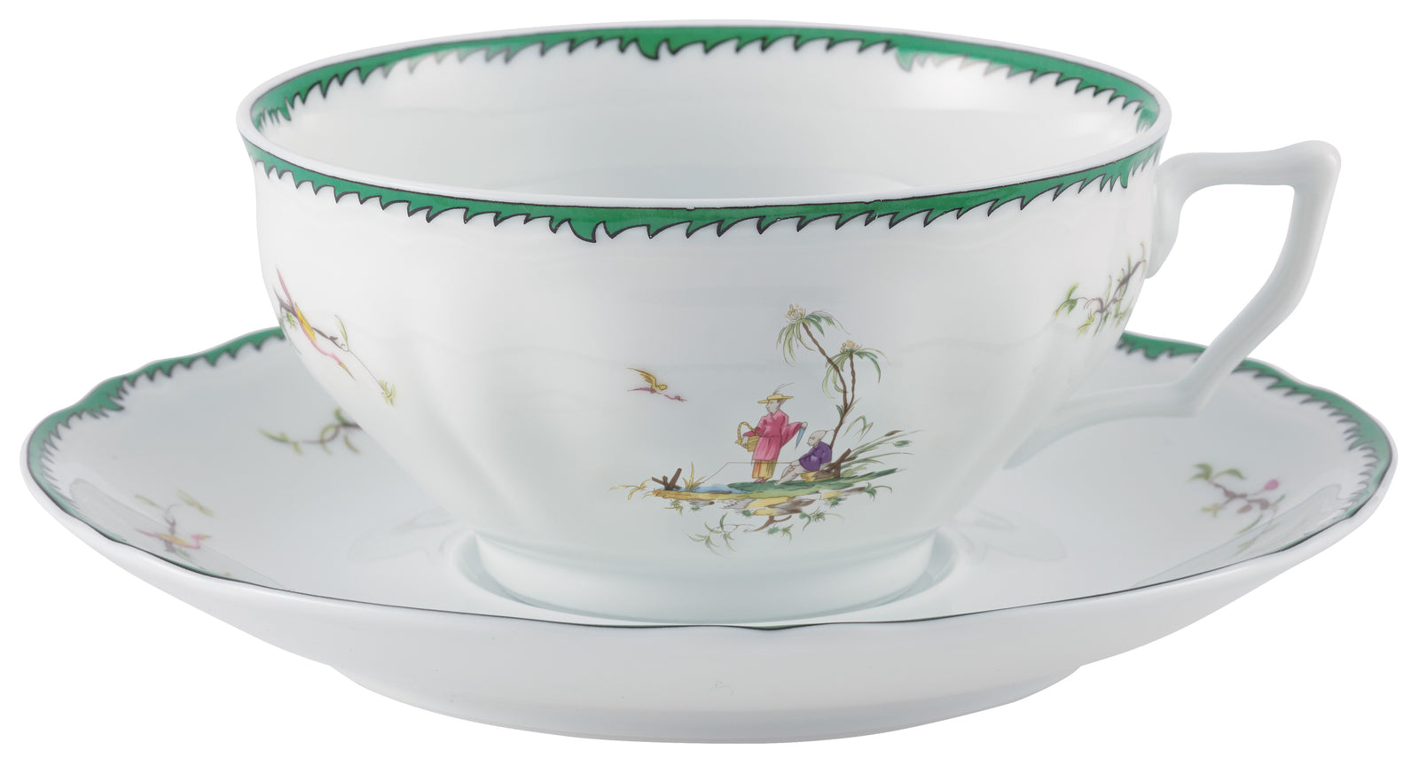 Tea / Breakfast cup and saucer - Green/pink VI | Longjiang