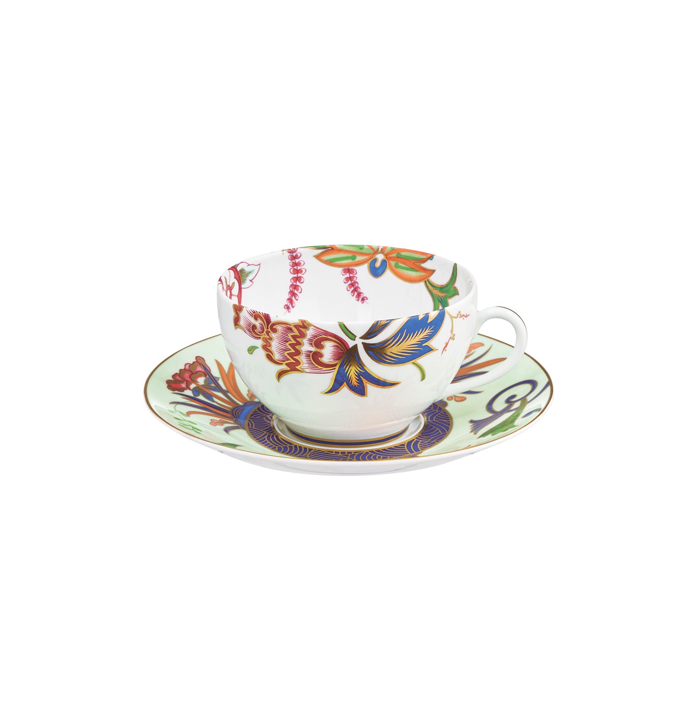 Tea / Breakfast cup and saucer - Blue/pink with gold rim | Imari