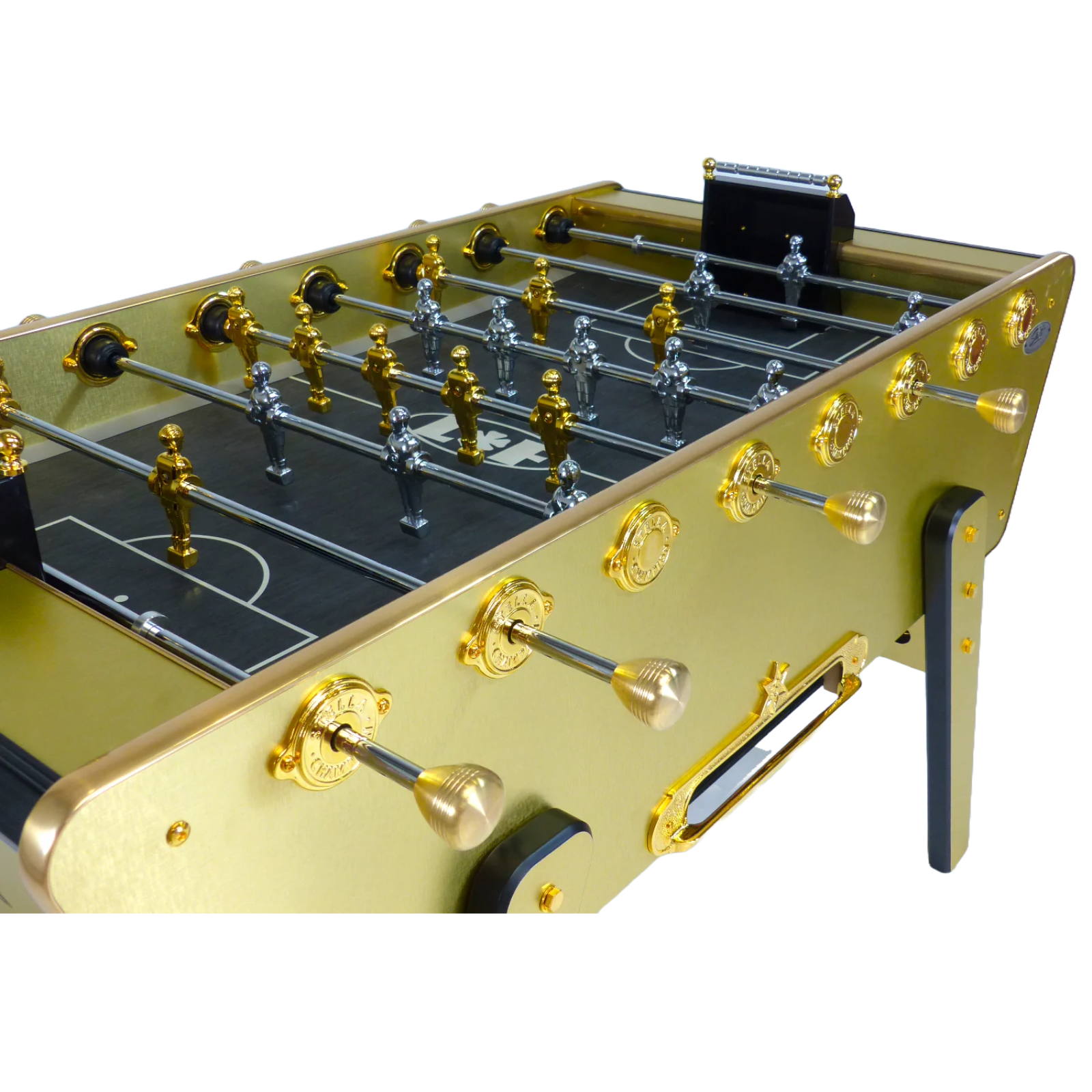 ull view of the Stella Champion Gold foosball table with its luxurious gold-plated finis