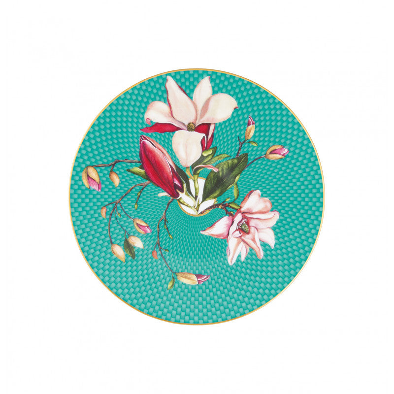 Coupe plate flat 22 cm turquoise/pink with gold rim | Trésor Fleuri