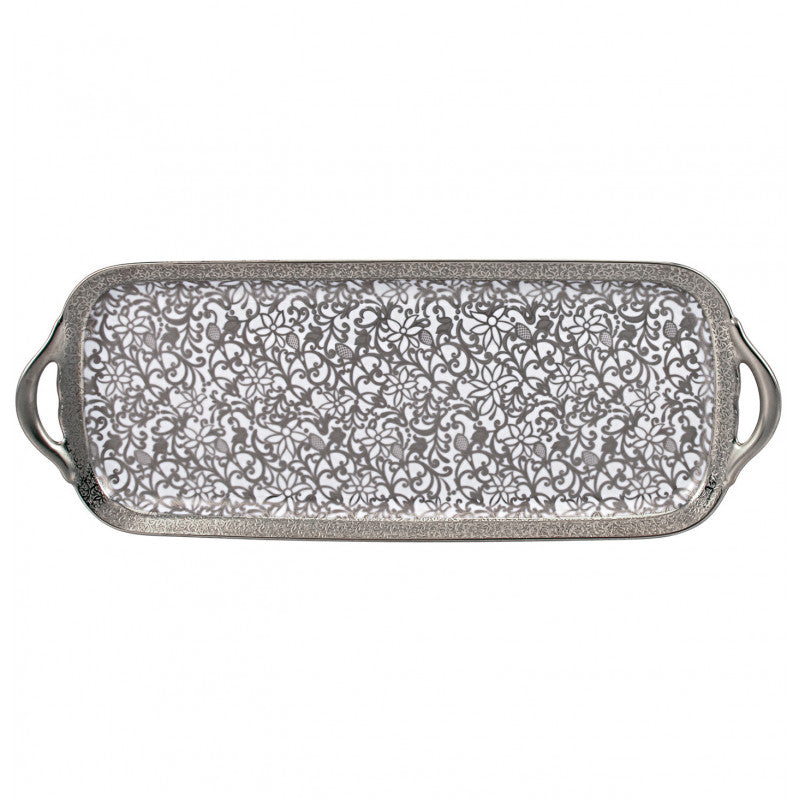 Long cake serving plate 40 cm white with platine rim | Tolède Platine