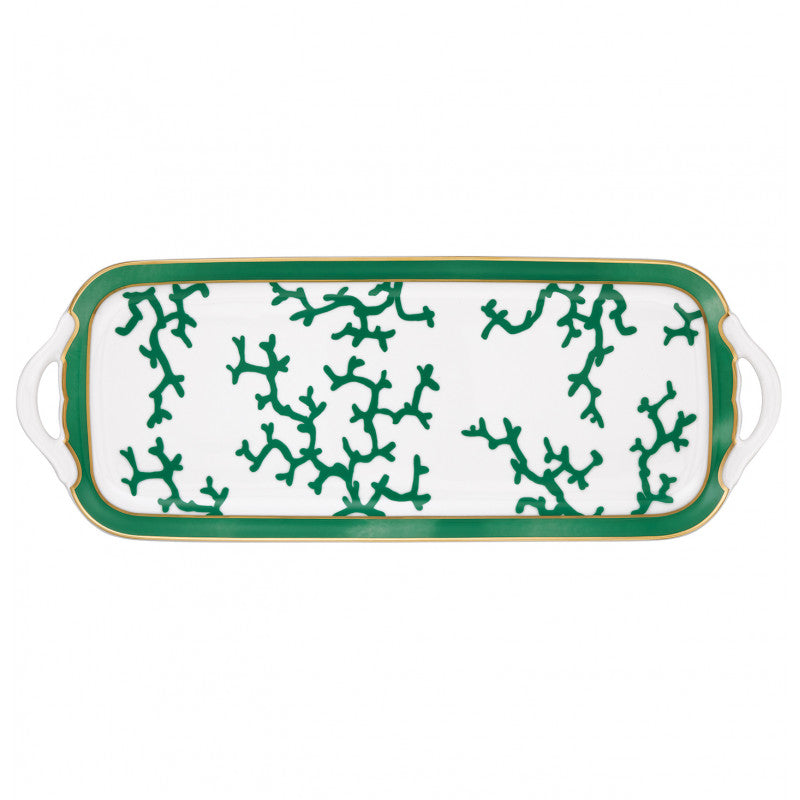 Long cake serving plate 40 cm green with gold rim | Cristobal Emeraude