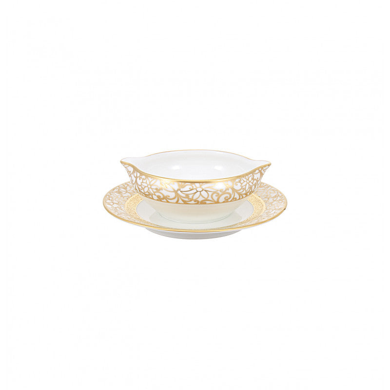 Sauce boat and stand 19 cm white with gold rim | Tolède Or