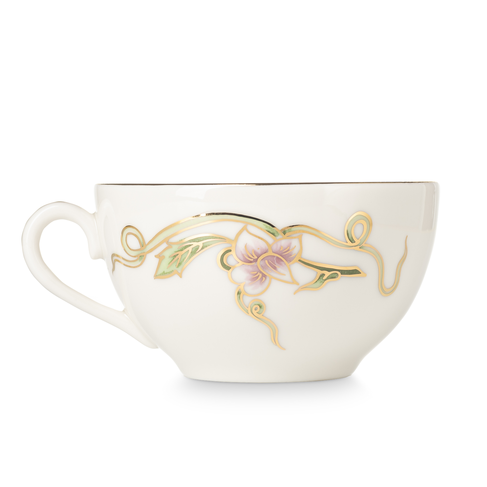 Tea cup and saucer with gold rim | Pastel Bloom